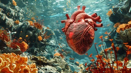 A realistic human heart floating in a vivid underwater environment with coral reefs and rocky formations.
