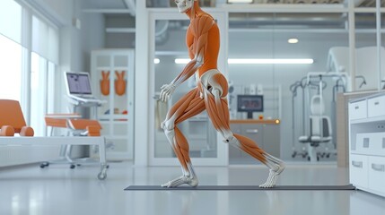 3D anatomical model of human musculature poised in a stretching position inside a clinical laboratory environment. - obrazy, fototapety, plakaty