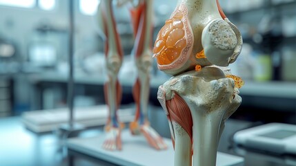 Educational model of the human knee joint, highlighting the bone structure and cartilage in a laboratory setting.