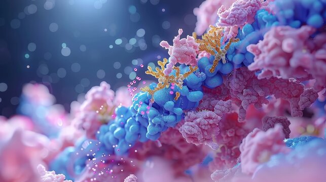 Vivid 3D of molecular structures representing proteins and enzymes in biological interactions.