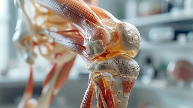 Close-up of a detailed anatomical model of the human knee joint showing bones, tendons, and ligaments.