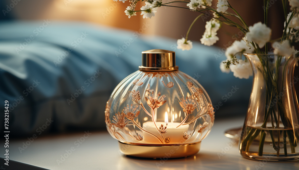 Wall mural Luxury vase, elegant bottle, table decoration, glass material, beautiful flower generated by AI - Wall murals