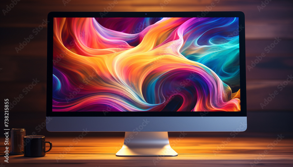 Poster modern computer monitor on a blue backdrop, abstract design generated by ai