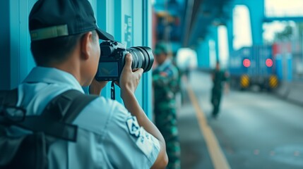 Observing World Central Excise Day through the lens of a HD camera capturing the intricate details of a customs checkpoint, uniformed officers inspecting cargo with meticulous care