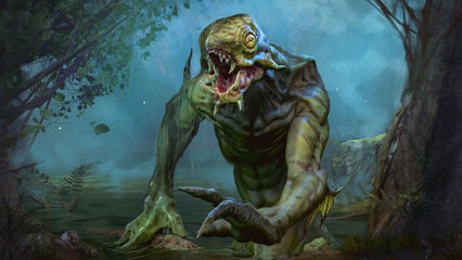 Digital 3d illustration of a humanoid frog swamp creature emerging from a swampy environment - fantasy painting