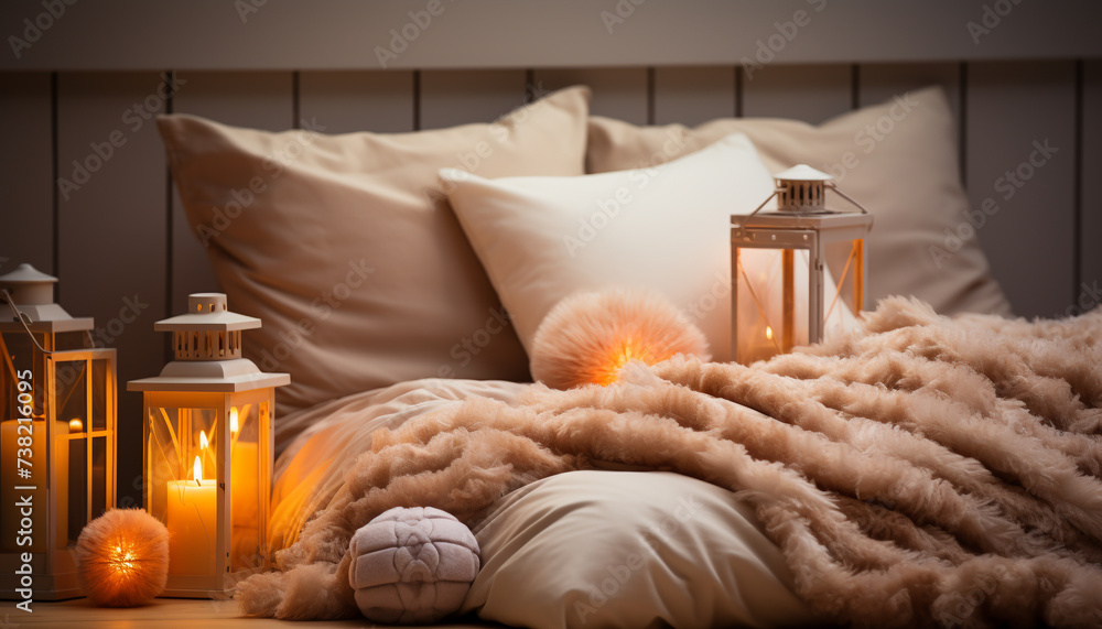 Canvas Prints cozy bedroom, modern design, soft bedding, illuminated by candlelight generated by ai