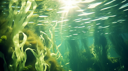 Fototapeta na wymiar Green algae swirling elegantly underwater, creating a tranquil abstract backdrop.