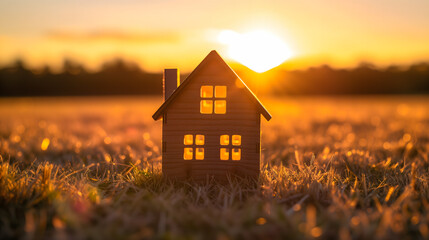 Le concept immobilier d'une petite maison sur une pelouse avec en arrière plan, un coucher de soleil. - obrazy, fototapety, plakaty