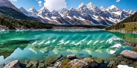 A lake in the foreground reflects a majestic snow-capped mountain in the background. Generative AI - 738216046