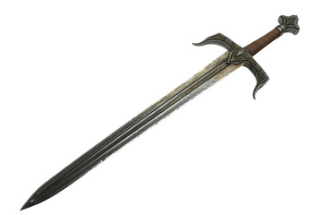 A Sword With a Wooden Handle. A photo of a sword with a wooden handle resting on a plain Transparent background.