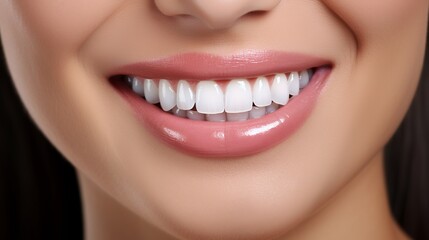 Obraz premium Dentist demonstrates the perfect smile of the patient after implatation of dental veneers or teeth whitening.