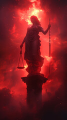 Statue holding scales amidst a fiery red cloud, symbolizing justice