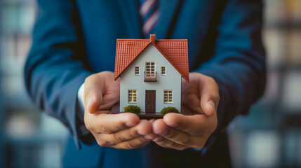 Un homme d'affaires tenant une maison dans ses mains symbolisant le marché immobilier.