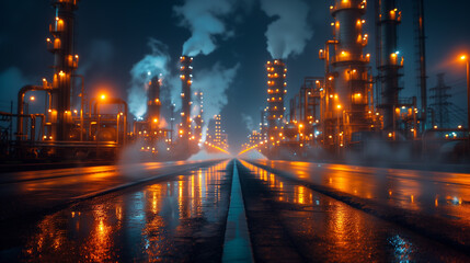 a large oil refinery at night with smoke coming out of the chimneys