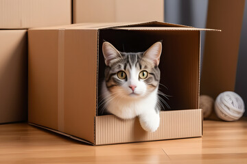 Curious Cat Peeking Out of Cardboard Box