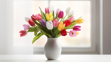 Elegant mixed pastel colored spring bouquet in white vase on white background. Spring flowers. Tulips bouquet