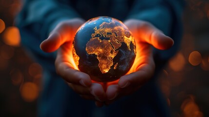 A person's hands cradle a glowing globe with Africa and Europe highlighted, against a dark backdrop with warm bokeh lights. - obrazy, fototapety, plakaty