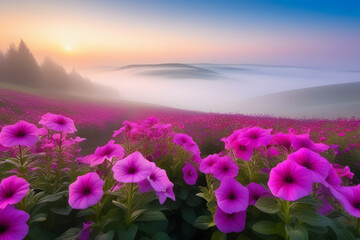 Obraz premium Pink Flowers in a Foggy Field