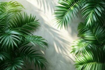 Fototapeta na wymiar Palm Leaves Background Old Wall With Space Concept Palm Sunday Warm Sunshine