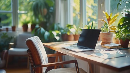 A bright and airy home office space filled with a variety of plants, featuring a laptop on a wooden table and a comfortable chair, basking in abundant natural light.