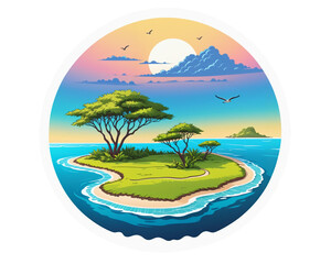 Fototapeta na wymiar stylized tropical island landscape at sunrise. Sticker illustration 