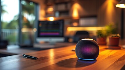 An intelligent smart speaker lit up with colorful lights on a wooden office desk, setting a productive and high-tech mood.
