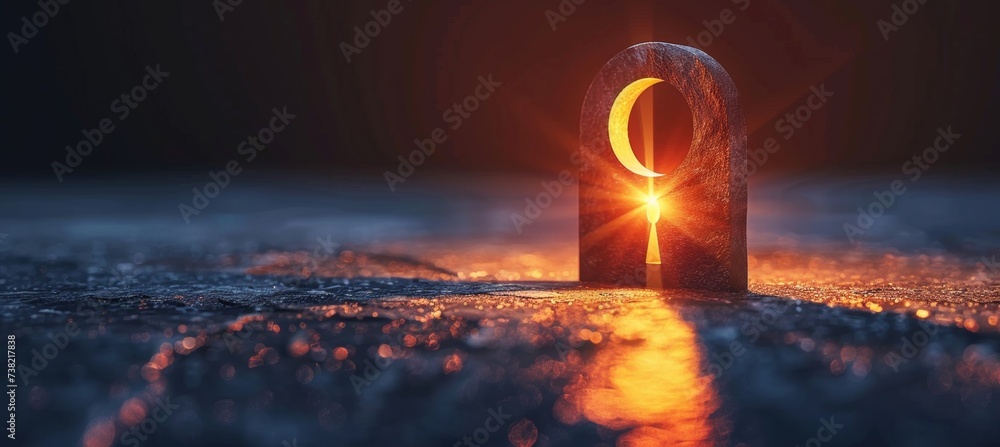 Poster mysterious keyhole with light shining through on dark background, copy space for text