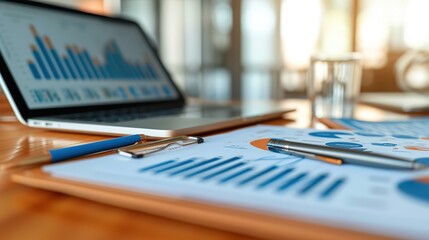 A strategic business planning session in progress with a laptop displaying data charts and a clipboard with printed statistical analysis on a bright office desk.