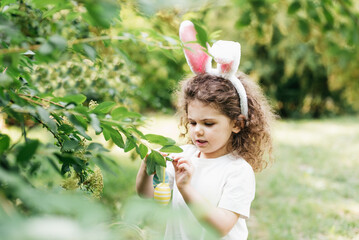 Easter egg hunt. Girl child Wearing Bunny Ears Running To Pick Up Egg In Garden. Easter tradition. Baby with basket full of colorful eggs.
