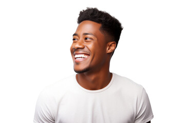Studio portrait of Handsome African-American man with clean healthy skin and happy smile isolated on transparent png background.