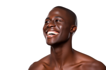 Studio portrait of Handsome African-American man with clean healthy skin and happy smile isolated on transparent png background.
