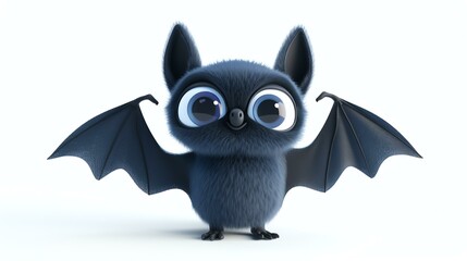 A charming 3D render of a cute bat, perched on a pristine white background. Its adorable features and realistic details make it perfect for Halloween-themed designs, children's illustrations