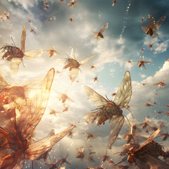 Aerial Ballet: Diverse Insects Swarm in Sunlit Cloudscape