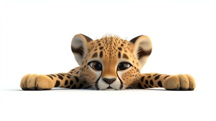 A 3D rendered image of a cute cheetah sitting on a pristine white background. Perfect for adding a touch of adorable wildlife to any project.