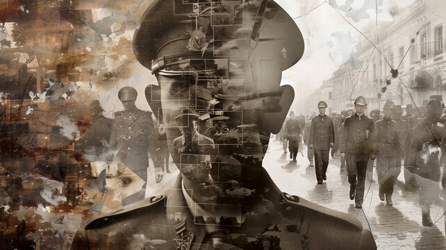 Collage of several images of a dictatorial regime and oppressive civil war in several countries Generative AI Illustration