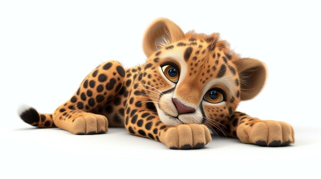 A charming 3D cheetah illustration, exuding adorable vibes, captured against a pristine white background. Perfect for adding a touch of cuteness and elegance to any creative project.
