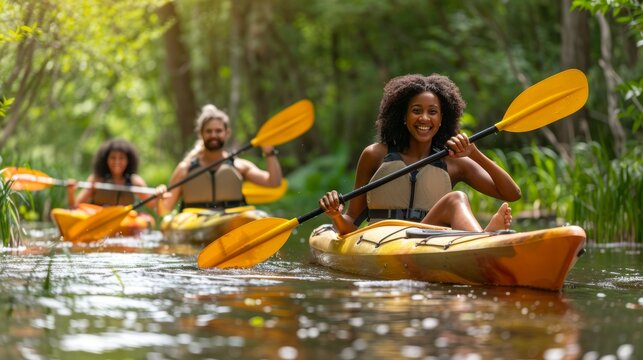 Friends having a great time, smiling while kayaking on a river during their fun filled vacation.