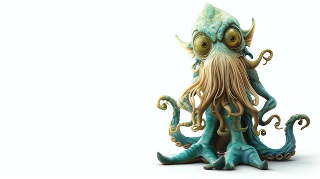A charming 3D rendering of a lovable elder god with mesmerizing details, depicted against a clean white background. This adorable deity carries an aura of wisdom and cuteness, perfect for ad