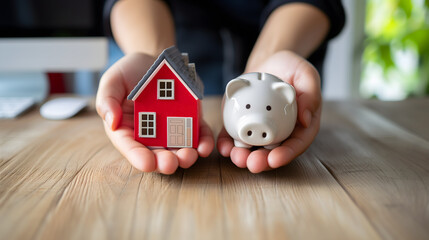 Une personne tenant une maison rouge et une tirelire en forme de cochon, symbolisant l'épargne pour l'achat d'un bien immobilier. - obrazy, fototapety, plakaty