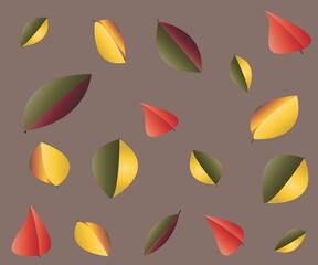 Flat vector illustration. Leaves of different autumn colors on a brown background. Autumn fall of leaves. Autumn concept. The illustration is perfect for printing..