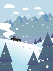 Vector illustration. Flat landscape design. Family vacation in the mountains. Car trip. Blue clear sky in the clouds. Snowfall. Winter landscape concept..