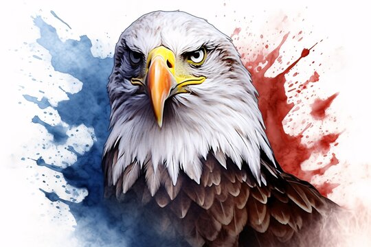 a bald eagle with a red white and blue background
