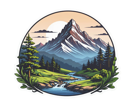 majestic mountain peak with a flowing river. Sticker illustration
