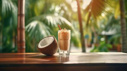 Tropic coconut cocktail on the cafe veranda table. Blurred background of beautiful palm leaves