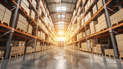 Light modern warehouse logistics transporation distribution packaging centre interior with no people perspective low angle shot