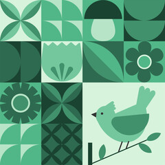 Geometric background. Bird, flowers and leaves in flat minimalist style.