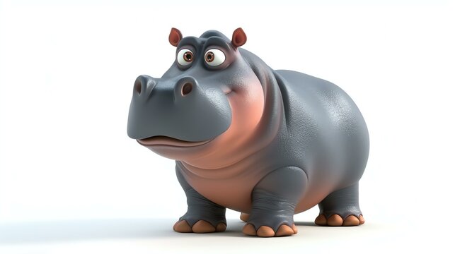 A charming 3D rendering of an adorable hippo with a friendly smile, captured on a fresh white background. Perfect for children's illustrations, greeting cards, and playful graphic designs.
