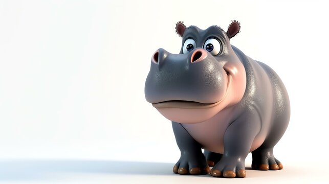 A charming 3D rendering of an adorable hippo with a friendly smile, captured on a fresh white background. Perfect for children's illustrations, greeting cards, and playful graphic designs.