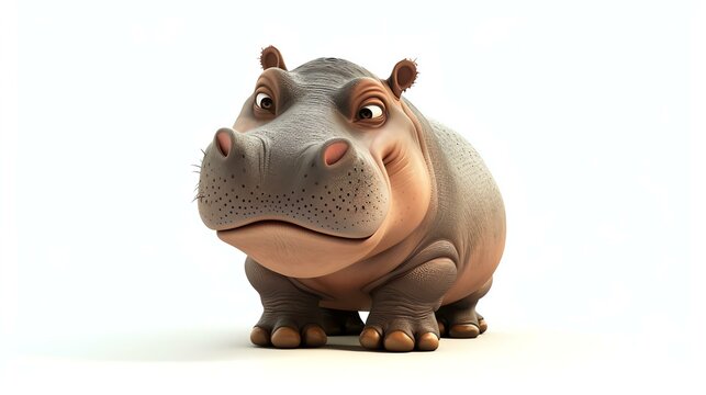 A charming 3D rendering of an adorable hippo, with a friendly smile and endearing eyes, displayed on a clean white background. Perfect for adding a touch of cuteness to any project.