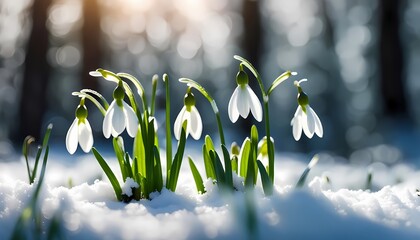 Snowdrop flowers on snowy forest